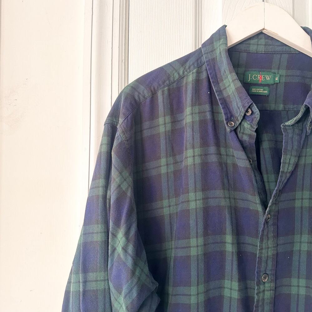 J Crew Vintage Oarman Blue Green Cotton Flannel Plaid Button Down Shirt XL Men - Picture 2 of 8